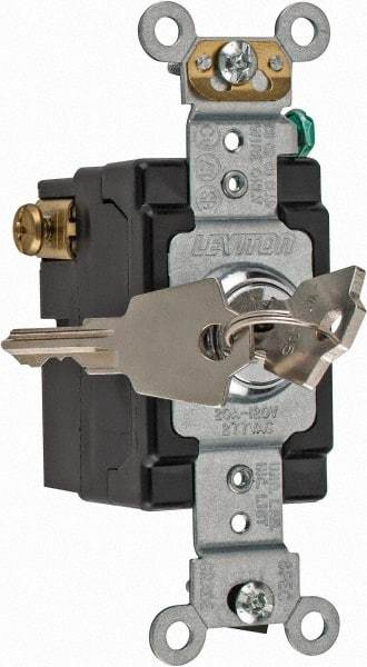 Leviton - 3 Pole, 120 to 277 VAC, 20 Amp, Industrial Grade, Key Lock, Wall and Dimmer Light Switch - 4.06 Inch High - Exact Tool & Supply