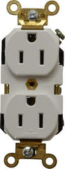 Leviton - 125 VAC, 15 Amp, 5-15R NEMA Configuration, White, Industrial Grade, Self Grounding Duplex Receptacle - 1 Phase, 2 Poles, 3 Wire, Flush Mount, Impact Resistant - Exact Tool & Supply