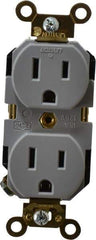 Leviton - 125 VAC, 15 Amp, 5-15R NEMA Configuration, Gray, Industrial Grade, Self Grounding Duplex Receptacle - 1 Phase, 2 Poles, 3 Wire, Flush Mount, Impact Resistant - Exact Tool & Supply