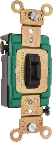 Leviton - 3 Pole, 120 to 277 VAC, 30 Amp, Industrial Grade, Toggle, Wall and Dimmer Light Switch - 1.31 Inch Wide x 4.06 Inch High - Exact Tool & Supply