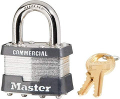 Master Lock - 15/16" Shackle Clearance, Keyed Alike Laminated Steel Padlock - 5/16" Shackle Diam, Steel - Exact Tool & Supply