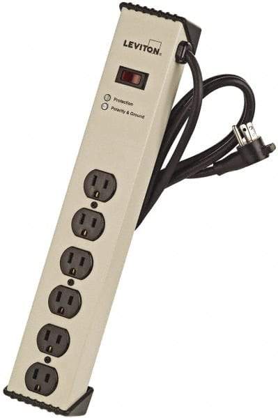 Leviton - 6 Outlets, 125 Volts, 15 Amps, 6' Cord, Power Outlet Strip - Free Hanging Mount, 5-15R NEMA Configuration, 15.73" Strip, cULus, UL Listed File 1449 - Exact Tool & Supply