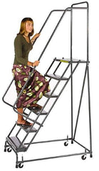 Ballymore - 73" 4 Step Ladder - Spring Loaded Rolling Safety Ladder, 450 Lb Capacity, 38" Platform Height, 20" Base Width x 35" Depth, Heavy-Duty Serrated Grating - Exact Tool & Supply