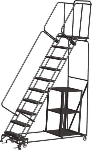 Ballymore - 133" 10 Step Ladder - Safety Stock Picking Ladder, 450 Lb Capacity, 100" Platform Height, 32" Base Width x 80" Depth, Perforated Tread - Exact Tool & Supply