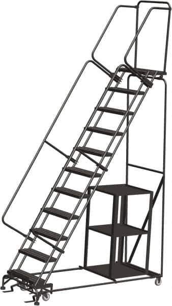 Ballymore - 143" 11 Step Ladder - Safety Stock Picking Ladder, 450 Lb Capacity, 110" Platform Height, 32" Base Width x 80" Depth, Perforated Tread - Exact Tool & Supply