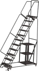Ballymore - 143" 11 Step Ladder - Safety Stock Picking Ladder, 450 Lb Capacity, 110" Platform Height, 32" Base Width x 80" Depth, Perforated Tread - Exact Tool & Supply