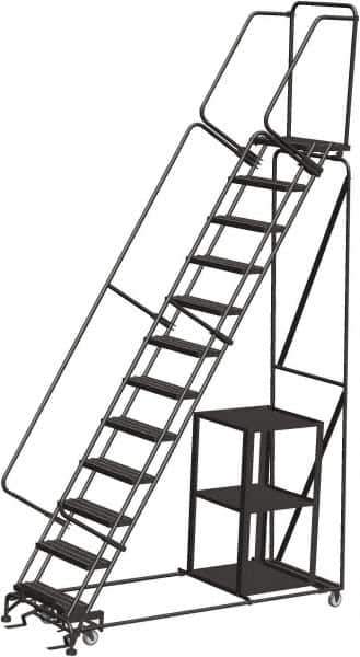 Ballymore - 153" 12 Step Ladder - Safety Stock Picking Ladder, 450 Lb Capacity, 120" Platform Height, 32" Base Width x 87" Depth, Expanded Metal Tread - Exact Tool & Supply