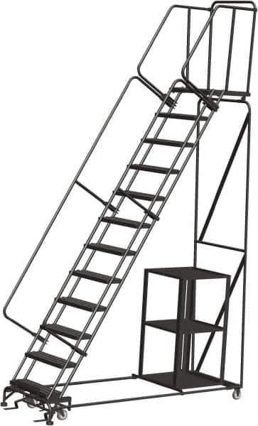 Ballymore - 153" 12 Step Ladder - Safety Stock Picking Ladder, 450 Lb Capacity, 120" Platform Height, 32" Base Width x 93" Depth, Expanded Metal Tread - Exact Tool & Supply