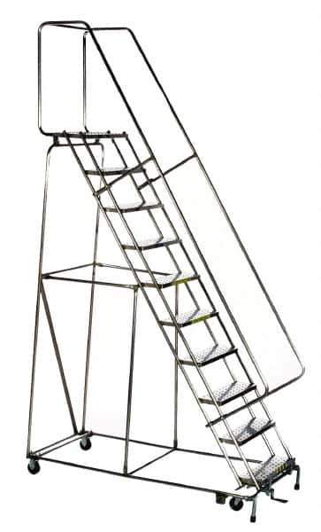 Ballymore - 133" 10 Step Ladder - Rolling Safety Ladder, 450 Lb Capacity, 100" Platform Height, 32" Base Width x 74" Depth, Heavy-Duty Serrated Grating - Exact Tool & Supply