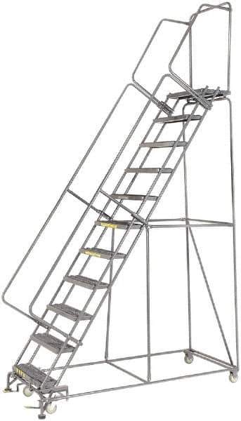 Ballymore - 143" 11 Step Ladder - Rolling Safety Ladder, 450 Lb Capacity, 110" Platform Height, 32" Base Width x 80" Depth, Heavy-Duty Serrated Grating - Exact Tool & Supply