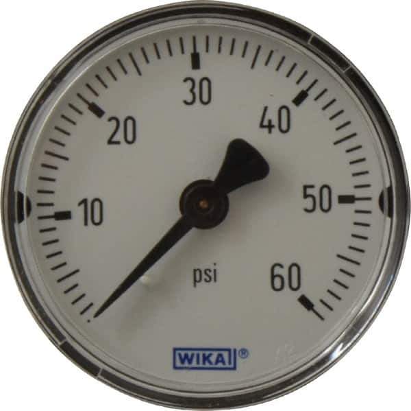 Wika - 2" Dial, 1/4 Thread, 0-60 Scale Range, Pressure Gauge - Center Back Connection Mount, Accurate to 3-2-3% of Scale - Exact Tool & Supply