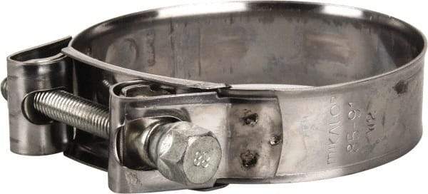Mikalor - 3-1/2" Hose, 0.98" Wide x 0.04" Thick, T-Bolt Hose Clamp - 3.35 to 3.58" Diam, Stainless Steel Band, Housing & Zinc Plated Screw - Exact Tool & Supply