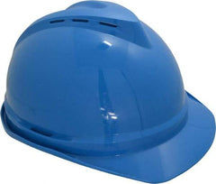 MSA - ANSI Type I, Class C Rated, 4-Point, Ratchet Adjustment Hard Hat - Size 6-1/2 to 8, Blue, Standard Brim, Vented - Exact Tool & Supply