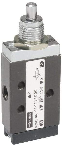 Parker - 0.20 CV Rate, 1/8" NPT Inlet Direct Air 2 Mechanical Spool Valve - 3 Way, 2 Position, 150 Max psi, Plunger Spring Return - Exact Tool & Supply