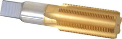Made in USA - 1-3/8 - 12 UNF 3B 6 Flute TiN Finish High Speed Steel Straight Flute Standard Hand Tap - Bottoming, Right Hand Thread, 6-1/16" OAL, 3" Thread Length, H4 Limit, Oversize - Exact Tool & Supply