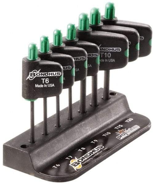 Bondhus - 7 Piece T6 to T20 Protanium High Torque Steel Flag-Style Torx Key Set - 1-1/2" Length Under Head, 3" OAL, T6, T7, T8, T9, T10, T15, T20 - Exact Tool & Supply