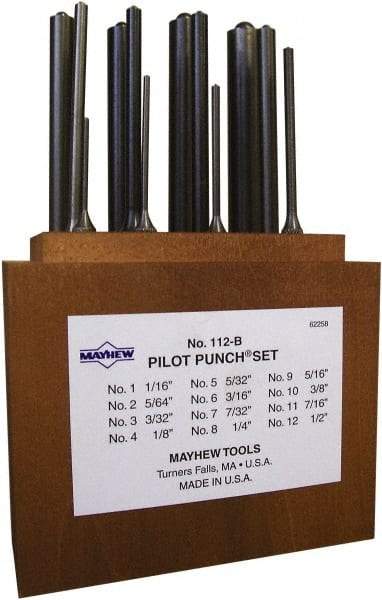 Mayhew - 12 Piece, 1/16 to 1/2", Roll Pin Punch Set - Round Shank, Alloy Steel, Comes in Wood Box - Exact Tool & Supply