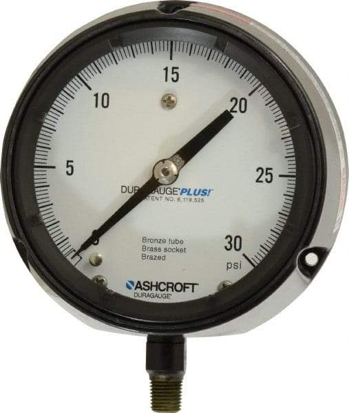 Ashcroft - 4-1/2" Dial, 1/4 Thread, 0-30 Scale Range, Pressure Gauge - Lower Connection, Rear Flange Connection Mount, Accurate to 0.5% of Scale - Exact Tool & Supply