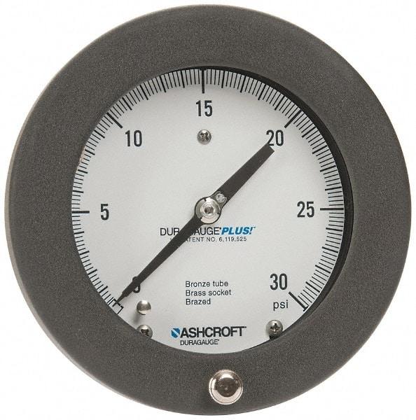 Ashcroft - 4-1/2" Dial, 1/4 Thread, 0-30 Scale Range, Pressure Gauge - Center Back Connection Mount, Accurate to 0.5% of Scale - Exact Tool & Supply