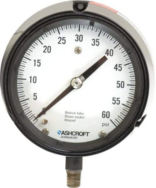 Ashcroft - 4-1/2" Dial, 1/4 Thread, 0-60 Scale Range, Pressure Gauge - Lower Connection, Rear Flange Connection Mount, Accurate to 0.5% of Scale - Exact Tool & Supply