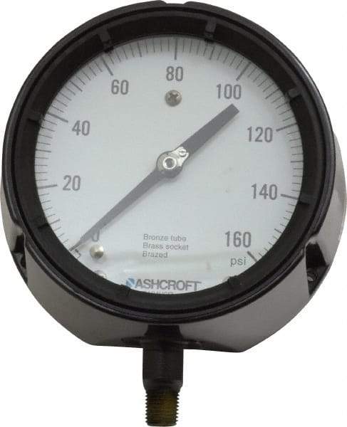 Ashcroft - 4-1/2" Dial, 1/4 Thread, 0-160 Scale Range, Pressure Gauge - Lower Connection, Rear Flange Connection Mount, Accurate to 0.5% of Scale - Exact Tool & Supply