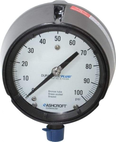Ashcroft - 4-1/2" Dial, 1/2 Thread, 0-100 Scale Range, Pressure Gauge - Lower Connection, Rear Flange Connection Mount, Accurate to 0.5% of Scale - Exact Tool & Supply