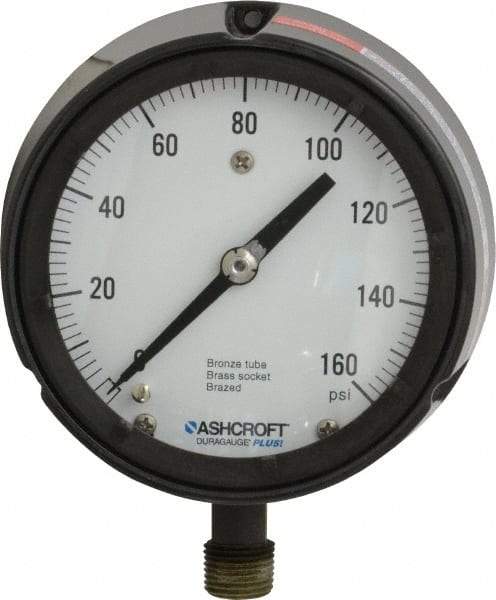 Ashcroft - 4-1/2" Dial, 1/2 Thread, 0-160 Scale Range, Pressure Gauge - Lower Connection, Rear Flange Connection Mount, Accurate to 0.5% of Scale - Exact Tool & Supply