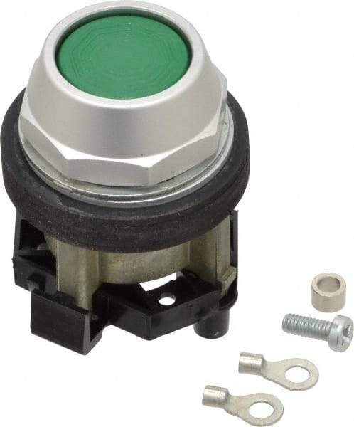 Eaton Cutler-Hammer - 30-1/2mm Mount Hole, Flush, Pushbutton Switch Only - Round, Green Pushbutton, Nonilluminated, Momentary (MO), Corrosion Resistant, Oiltight and Watertight - Exact Tool & Supply