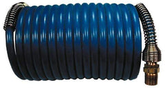 Coilhose Pneumatics - 1/4" ID, 1/4 Thread, 12' Long, Blue Nylon Coiled & Self Storing Hose - 220 Max psi, Male Swivel x Male Swivel - Exact Tool & Supply