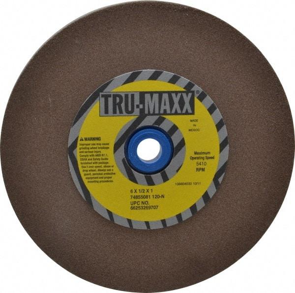 Tru-Maxx - 120 Grit Aluminum Oxide Bench & Pedestal Grinding Wheel - 6" Diam x 1" Hole x 1/2" Thick, 5410 Max RPM, O Hardness, Fine Grade , Vitrified Bond - Exact Tool & Supply