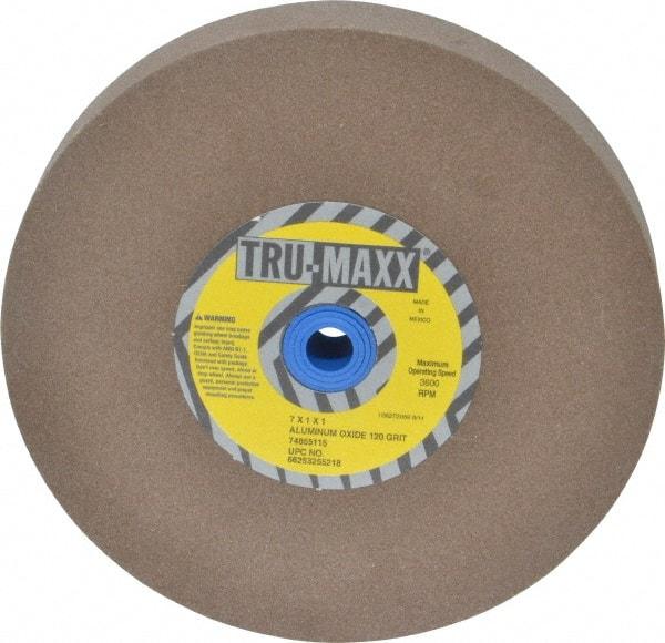 Tru-Maxx - 120 Grit Aluminum Oxide Bench & Pedestal Grinding Wheel - 7" Diam x 1" Hole x 1" Thick, 3600 Max RPM, O Hardness, Fine Grade , Vitrified Bond - Exact Tool & Supply