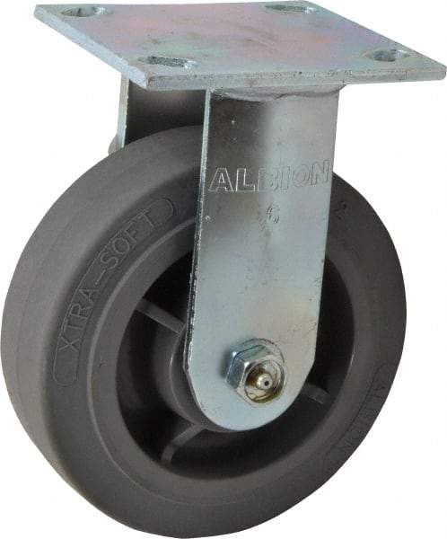 Albion - 6" Diam x 2" Wide x 7-1/2" OAH Top Plate Mount Rigid Caster - Soft Rubber, 600 Lb Capacity, Roller Bearing, 4 x 4-1/2" Plate - Exact Tool & Supply