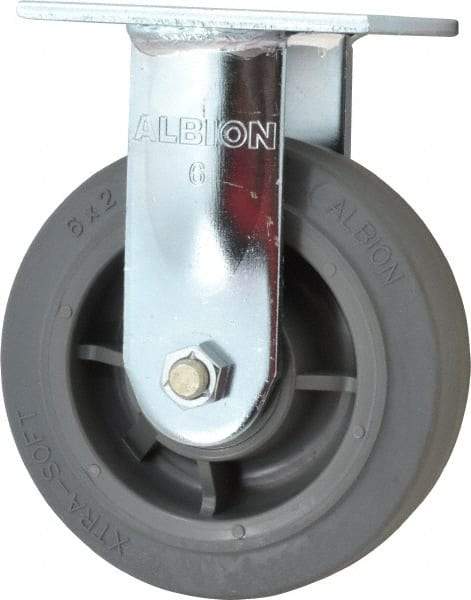 Albion - 6" Diam x 2" Wide x 7-1/2" OAH Top Plate Mount Rigid Caster - Soft Rubber, 600 Lb Capacity, Precision Sealed Bearing, 4 x 4-1/2" Plate - Exact Tool & Supply