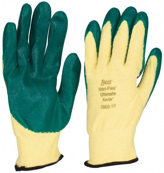 SHOWA - Size XL (10), ANSI Cut Lvl 3, Puncture Lvl 3, Abrasion Lvl 4, Nitrile Coated Cut & Puncture Resistant Gloves - Palm & Fingers Coated, Kevlar/Lycra Lining, Knit Wrist, Green/Yellow, Paired - Exact Tool & Supply