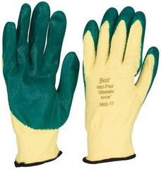 SHOWA - Size XL (10), ANSI Cut Lvl 3, Puncture Lvl 3, Abrasion Lvl 4, Nitrile Coated Cut & Puncture Resistant Gloves - Palm & Fingers Coated, Kevlar/Lycra Lining, Knit Wrist, Green/Yellow, Paired - Exact Tool & Supply