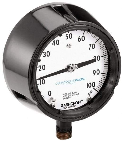 Ashcroft - 4-1/2" Dial, 1/2 Thread, 0-15 Scale Range, Pressure Gauge - Lower Connection, Rear Flange Connection Mount, Accurate to 0.5% of Scale - Exact Tool & Supply
