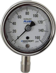 Ashcroft - 2-1/2" Dial, 1/4 Thread, 0-160 Scale Range, Pressure Gauge - Lower Connection Mount, Accurate to 1% of Scale - Exact Tool & Supply