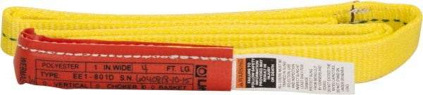 Lift-All - 4' Long x 1" Wide, 1,600 Lb Vertical Capacity, 1 Ply, Polyester Web Sling - 1,250 Lb Choker Capacity, Yellow - Exact Tool & Supply
