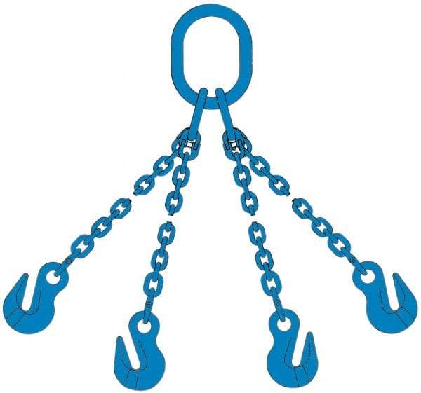 Pewag - 5' Long, 27,500 Lb Basket Capacity, 10,600 Lb Vertical Capacity, 4 Ply, Alloy Steel Web Sling - 10,600 Lb Choker Capacity, QOG Chain Sling, 3/8" Diam Chain, Blue, with 4 Grab Hooks & Master Link - Exact Tool & Supply