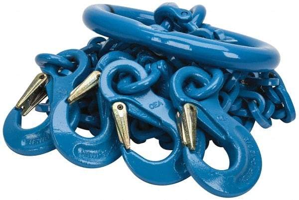 Pewag - 5' Long, 27,500 Lb Basket Capacity, 10,600 Lb Vertical Capacity, 4 Ply, Alloy Steel Web Sling - 10,600 Lb Choker Capacity, QOS Chain Sling, 3/8" Diam Chain, Blue, with 4 Sling Hooks & Master Link - Exact Tool & Supply