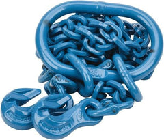 Pewag - 5' Long, 9,000 Lb Basket Capacity, 9,000 Lb Vertical Capacity, 2 Ply, Alloy Steel Web Sling - 4,500 Lb Choker Capacity, DOG Chain Sling, 9/32" Diam Chain, Blue, with 2 Grab Hooks & Master Link - Exact Tool & Supply