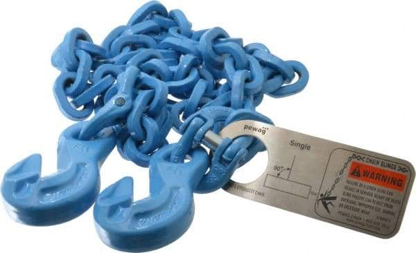 Pewag - 5' Long, 5,200 Lb Basket Capacity, 5,200 Lb Vertical Capacity, 1 Ply, Alloy Steel Web Sling - 4,500 Lb Choker Capacity, SGG Chain Sling, 9/32" Diam Chain, Blue, with 1 Grab Hook on Each End - Exact Tool & Supply
