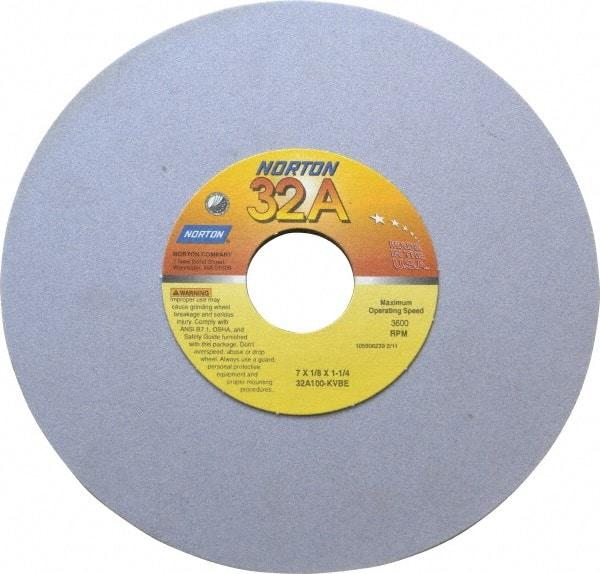 Norton - 7" Diam x 1-1/4" Hole x 1/8" Thick, K Hardness, 100 Grit Surface Grinding Wheel - Aluminum Oxide, Type 1, Fine Grade, 3,600 Max RPM, Vitrified Bond, No Recess - Exact Tool & Supply