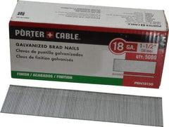 Porter-Cable - 18 Gauge 1-1/2" Long Brad Nails for Power Nailers - Grade 2 Steel, Galvanized Finish, Smooth Shank, Straight Stick Collation, Brad Head, Chisel Point - Exact Tool & Supply