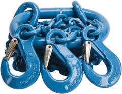 Pewag - 5' Long, 13,500 Lb Basket Capacity, 13,500 Lb Vertical Capacity, 3 Ply, Alloy Steel Web Sling - 4,500 Lb Choker Capacity, TOS Chain Sling, 9/32" Diam Chain, Blue, with 3 Sling Hooks & Master Link - Exact Tool & Supply