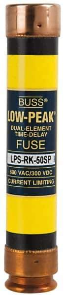 Cooper Bussmann - 300 VDC, 600 VAC, 50 Amp, Time Delay General Purpose Fuse - Fuse Holder Mount, 5-1/2" OAL, 100 at DC, 300 at AC (RMS) kA Rating, 1-1/16" Diam - Exact Tool & Supply