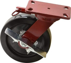 Hamilton - 8" Diam x 2" Wide x 9-3/4" OAH Top Plate Mount Swivel Caster with Brake - Phenolic, 1,400 Lb Capacity, Roller Bearing, 4-1/2 x 6-1/2" Plate - Exact Tool & Supply