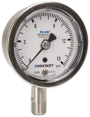 Ashcroft - 2-1/2" Dial, 1/4 Thread, 0-15 Scale Range, Pressure Gauge - Lower Connection Mount, Accurate to 3-2-3% of Scale - Exact Tool & Supply