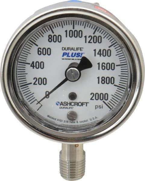 Ashcroft - 2-1/2" Dial, 1/4 Thread, 0-2,000 Scale Range, Pressure Gauge - Lower Connection Mount, Accurate to 1% of Scale - Exact Tool & Supply