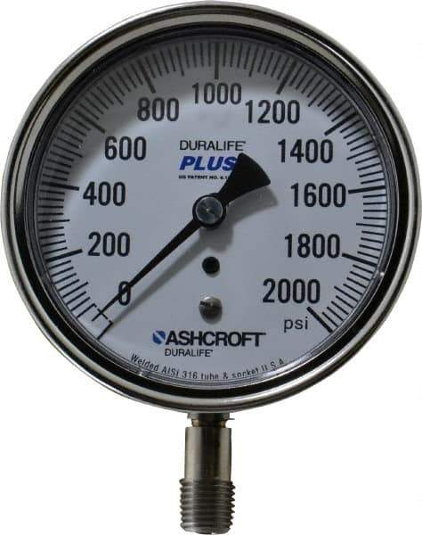 Ashcroft - 3-1/2" Dial, 1/4 Thread, 0-2,000 Scale Range, Pressure Gauge - Lower Connection Mount, Accurate to 1% of Scale - Exact Tool & Supply